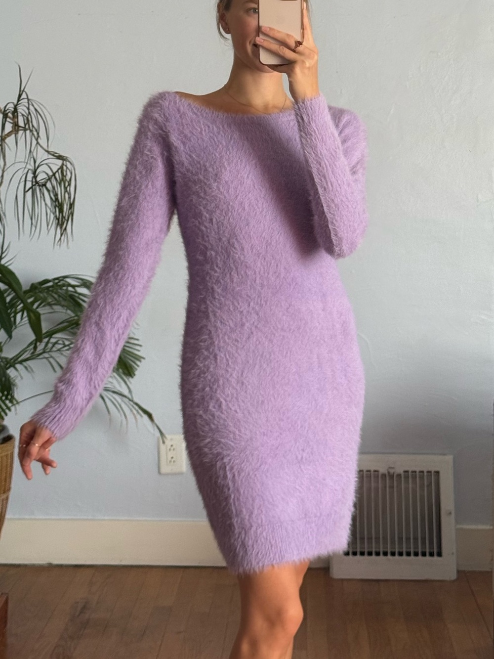 Open Edit NWT Lilac Long-Sleeve Fuzzy Knit Bodycon Dress